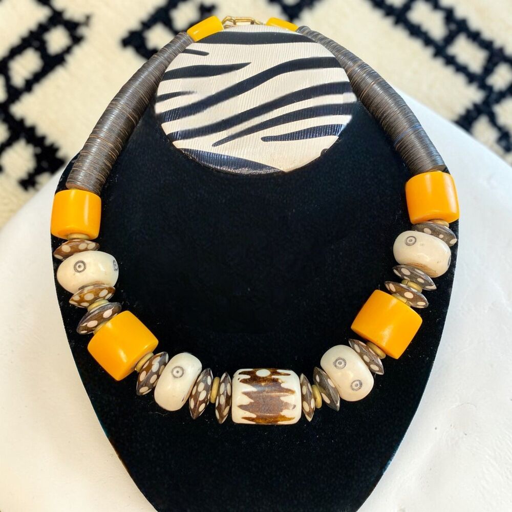 Handmade Kenyan Statement Necklace Bakelite & Carved Bovine Bone Brass Accents - Picture 2 of 5
